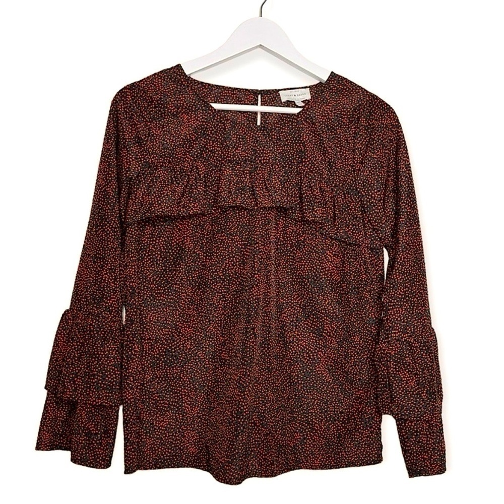 Lucky Brand Women’s Polka Dot Bell Sleeve Ruffled Top Red Black Size‎ XS